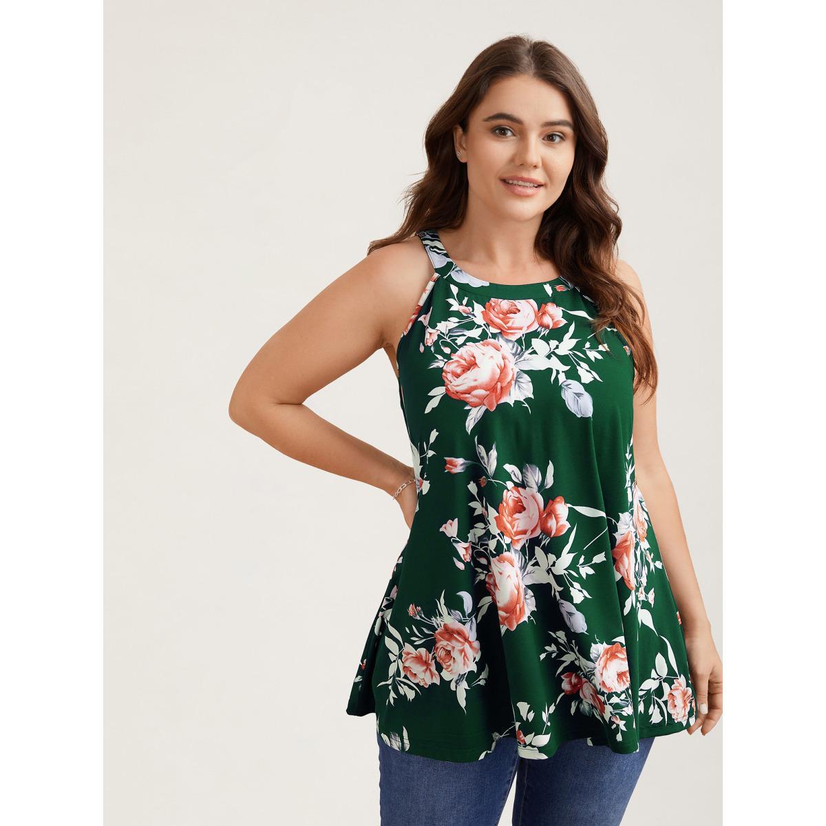 Plus Size Rosy Print Halter Neck Top Women Indigo Elegant Contrast Round Neck Everyday Tank Tops Camis BloomChic 18-20/2X Product Image