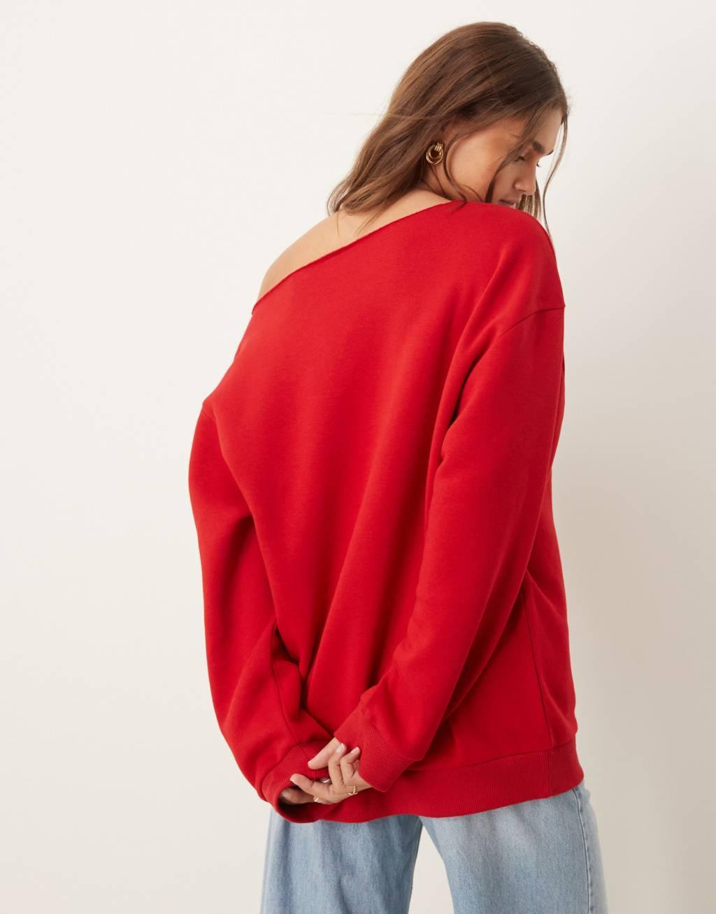 ASOS DESIGN relaxed off shoulder sweat in red Product Image