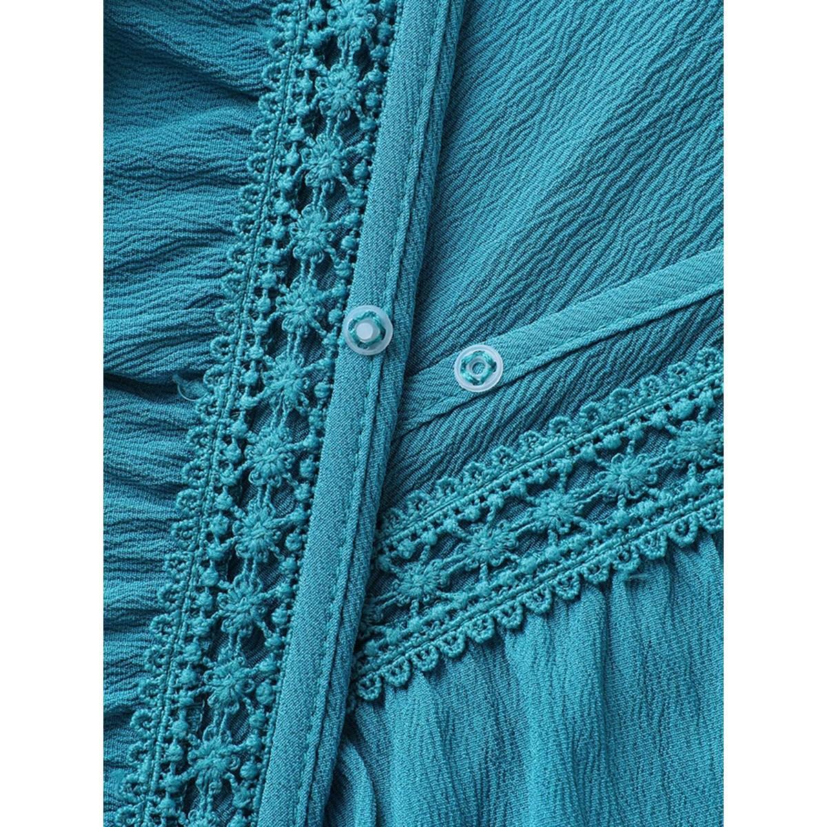 Plus Size Ruffled Lace Trim Pockets Plain Midi Dress Cerulean Women Overlap Collar Short sleeve Curvy BloomChic 22-24/3X Product Image