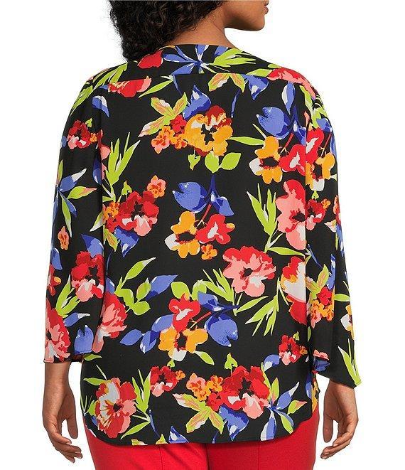 Slim Factor by Investments Plus Size Spring Bloom Print 3/4 Flare Sleeve Scoop Neck Crossover Top Product Image