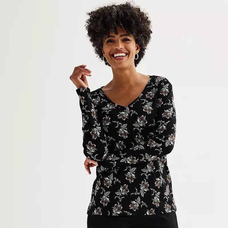 Petite Croft & Barrow® Essential Long-Sleeve V-Neck Top, Women's, Size: Large Petite, Black Paisley Flower Product Image