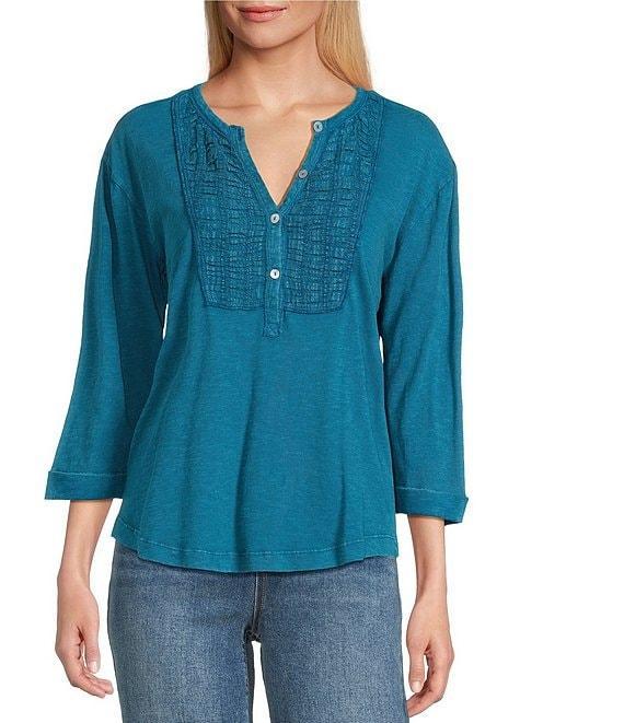 Westbound Knit 3/4 Sleeve Solid Henley Neck Top Product Image