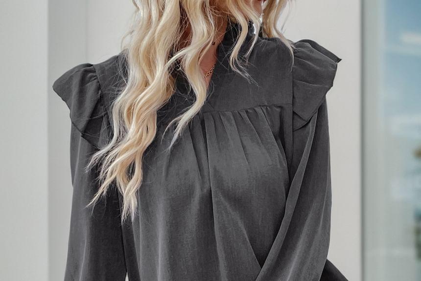 Long-Sleeve V-Neck Plain Ruffle Trim Mini Shift Dress Product Image