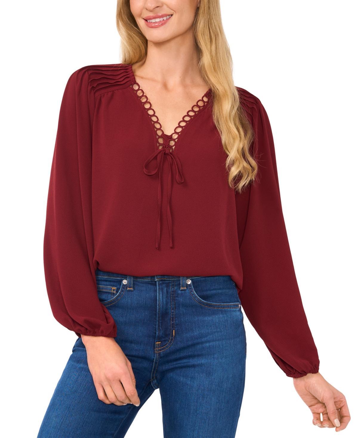 CeCe Womens Circular Trim Pin-Tuck Long Sleeve Blouse Product Image