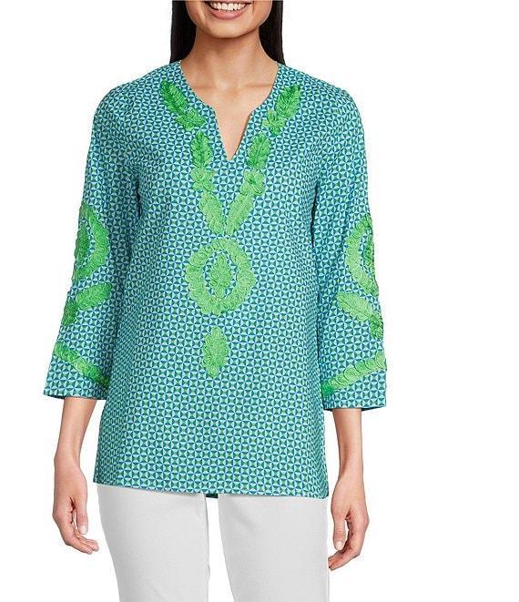 Calessa Petite Size Embroidered Retro Printed Split V-Neck 3/4 Sleeve Tunic Product Image