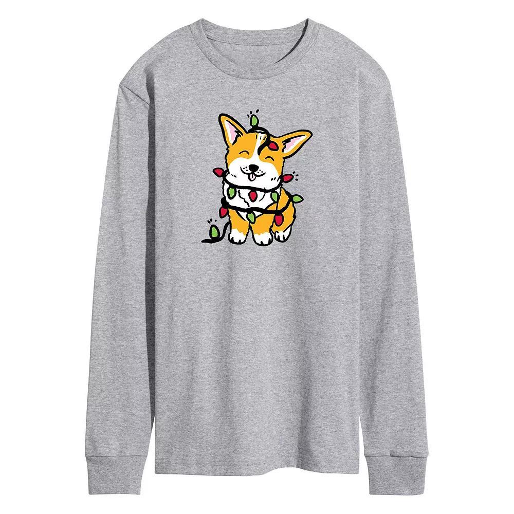 Men's Corgi Christmas Lights Long Sleeve Tee, Size: Small, Gray Product Image