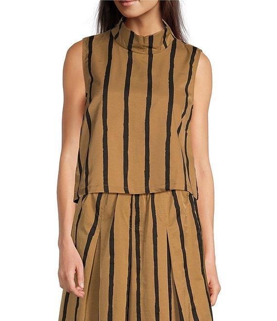 Buru Stripe Brocade Cropped Sleeveless Mock Neck Button Back Coordinating Boxy Top Product Image