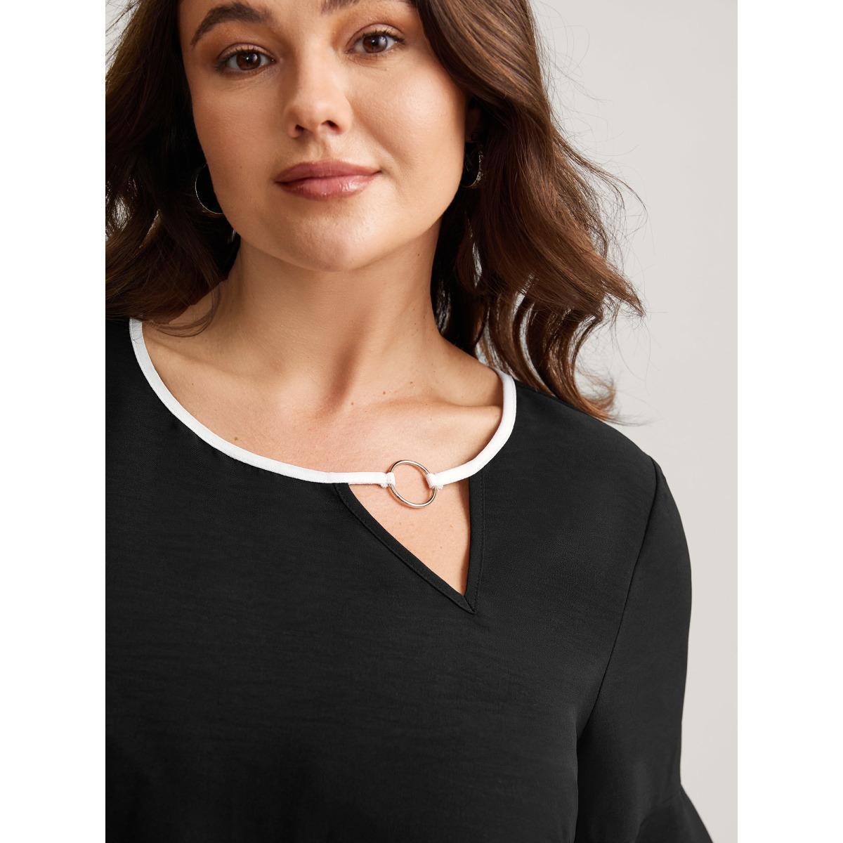 Plus Size Black Metal Color Contrast Asymmetrical Neck Blouse Women Half Sleeve Round Neck Work Blouses BloomChic 26/4X Product Image