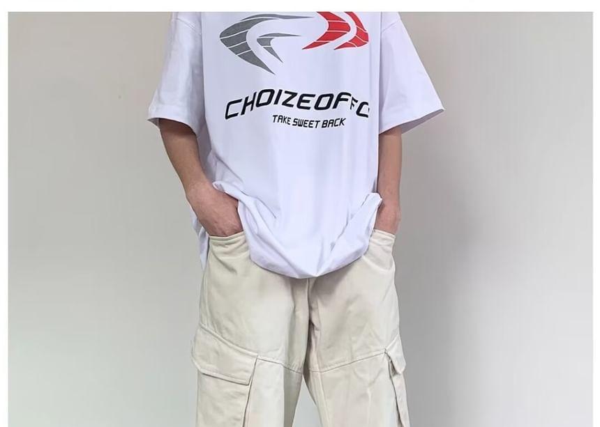 High Waist Plain Pocket Straight-Fit Wide-Leg Cargo Pants Product Image