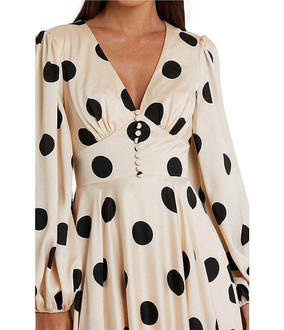 Mac Duggal Polka Dot Charmeuse V-Neck Puff Sleeves Midi Dress Product Image