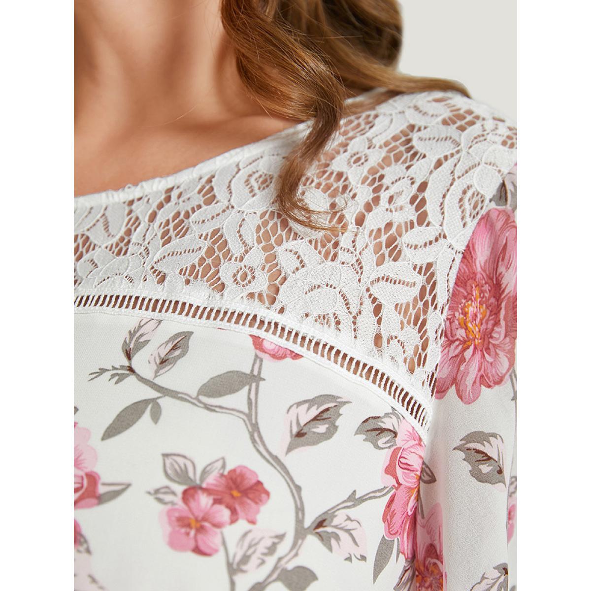 Plus Size White Floral Lace Ruffle Sleeve High Low Hem Blouse Women Elegant Short sleeve Round Neck Dailywear Blouses BloomChic 12/L Product Image