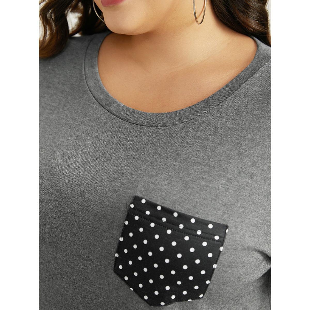 Plus Size Polka Dot Patched Pocket Tab Sleeve T-shirt DimGray Women Casual Contrast Polka Dot Round Neck Dailywear T-shirts BloomChic 28/5X Product Image