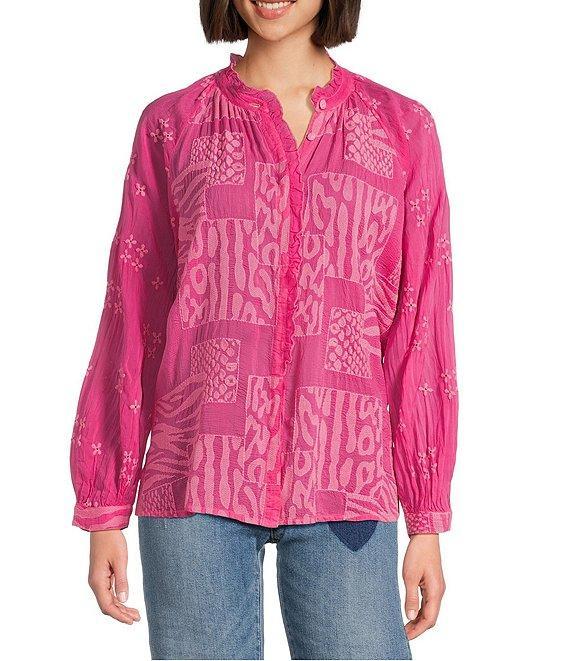 JOHNNY WAS Molli Monotone Embroidered Cupro Ruffle Trim Band Collar Long Sleeve Blouse Product Image
