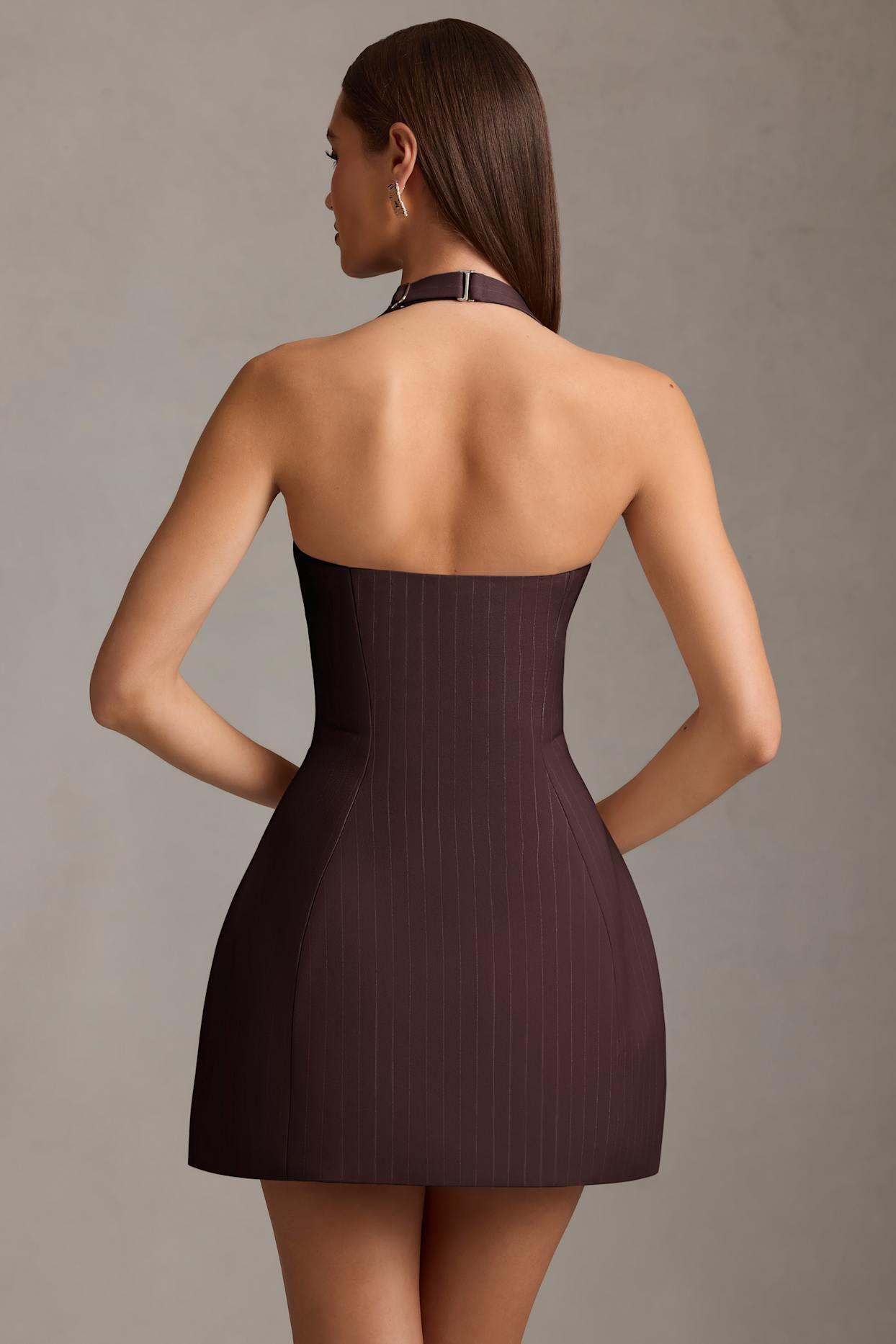 Pinstripe Halterneck Structured A-Line Mini Dress in Chocolate Brown Product Image