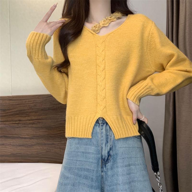 V-Neck Plain Crochet Floral Slit Cable Knit Sweater Product Image