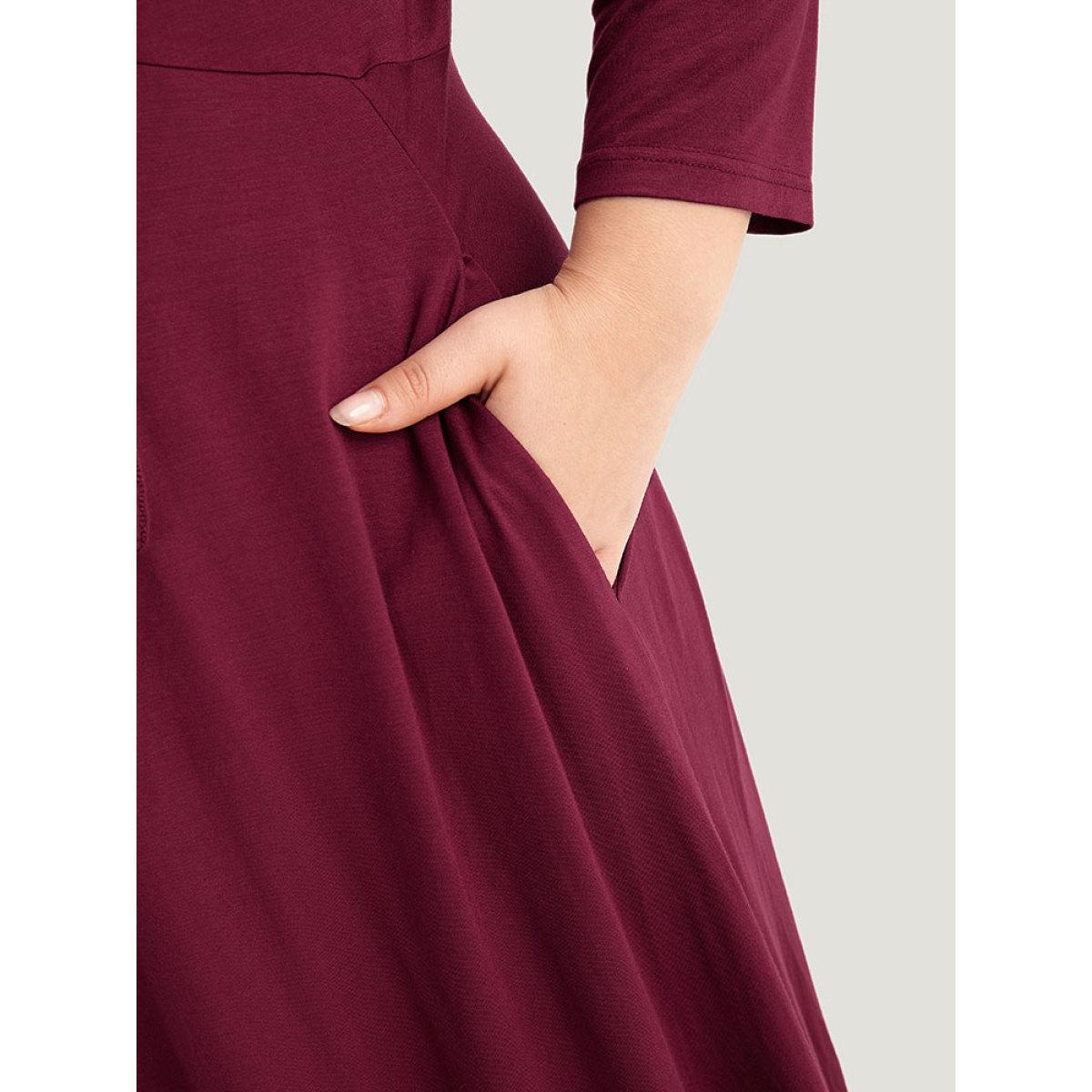 Plus Size Supersoft Essentials Solid Lace Up Ruffle Hem Dress Burgundy Women Casual Plain Tie Neck Elbow-length sleeve Curvy Midi Dress BloomChic 18-20/2X Product Image