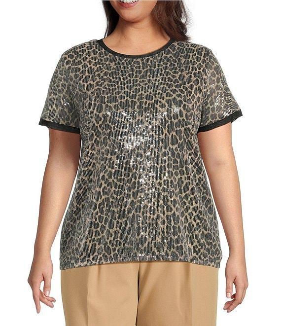 Anne Klein Plus Size Crew Neck Short Sleeve Animal Sequined Mesh T-Shirt Product Image