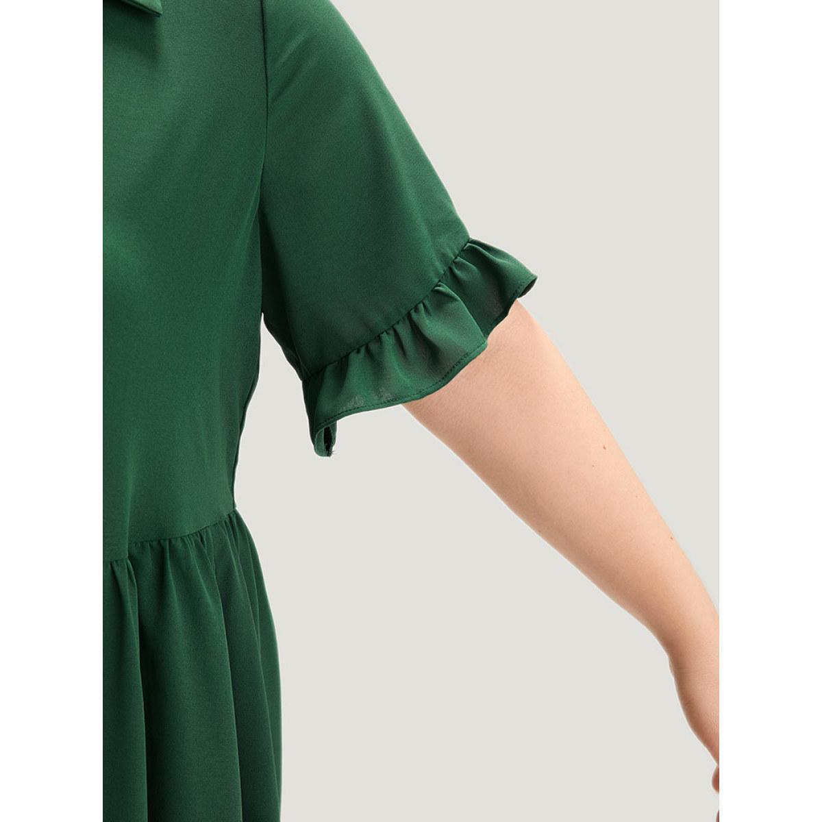 Plus Size Plain Ruffles Pocket Button Up Pleated Frill Trim Dress Emerald Women Casual Plain Lapel Collar Short sleeve Curvy Midi Dress BloomChic 14-16/1X Product Image