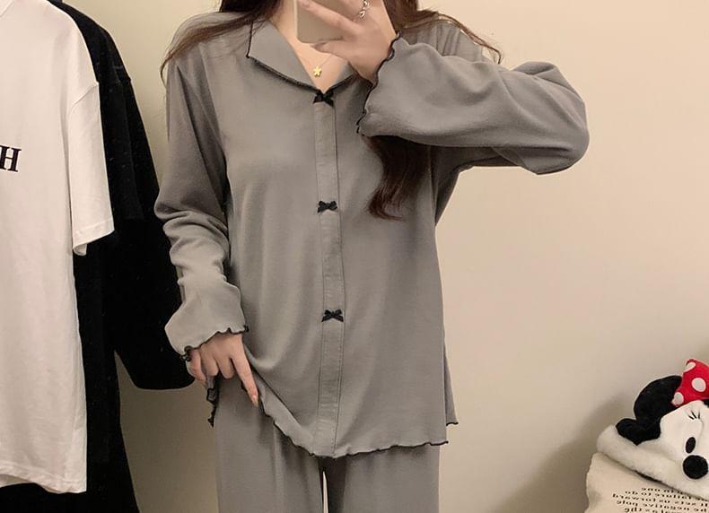 Pajama Set: Long-Sleeve Split Neck Bow Accent Contrast Trim Top + Pants Product Image