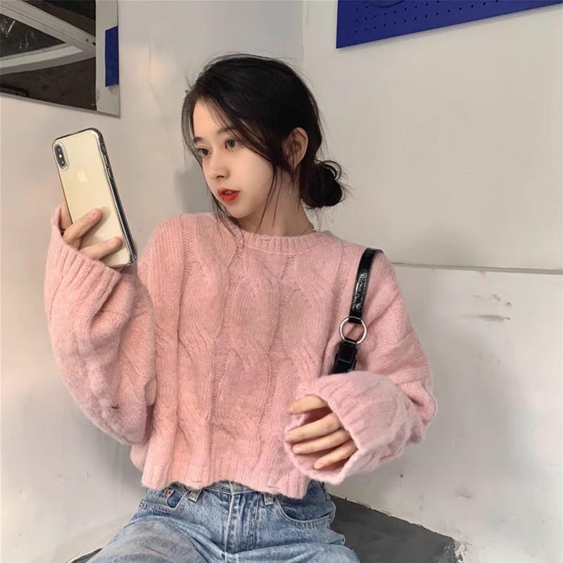 Crew Neck Plain Cable Knit Sweater Product Image