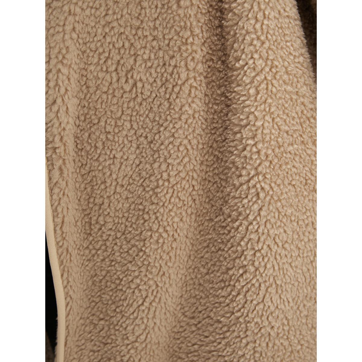 Plus Size Solid Pocket Open Front Teddy Coat Women LightBrown Casual Plain Loose Ladies Dailywear Winter Coats BloomChic 22-24/3X Product Image