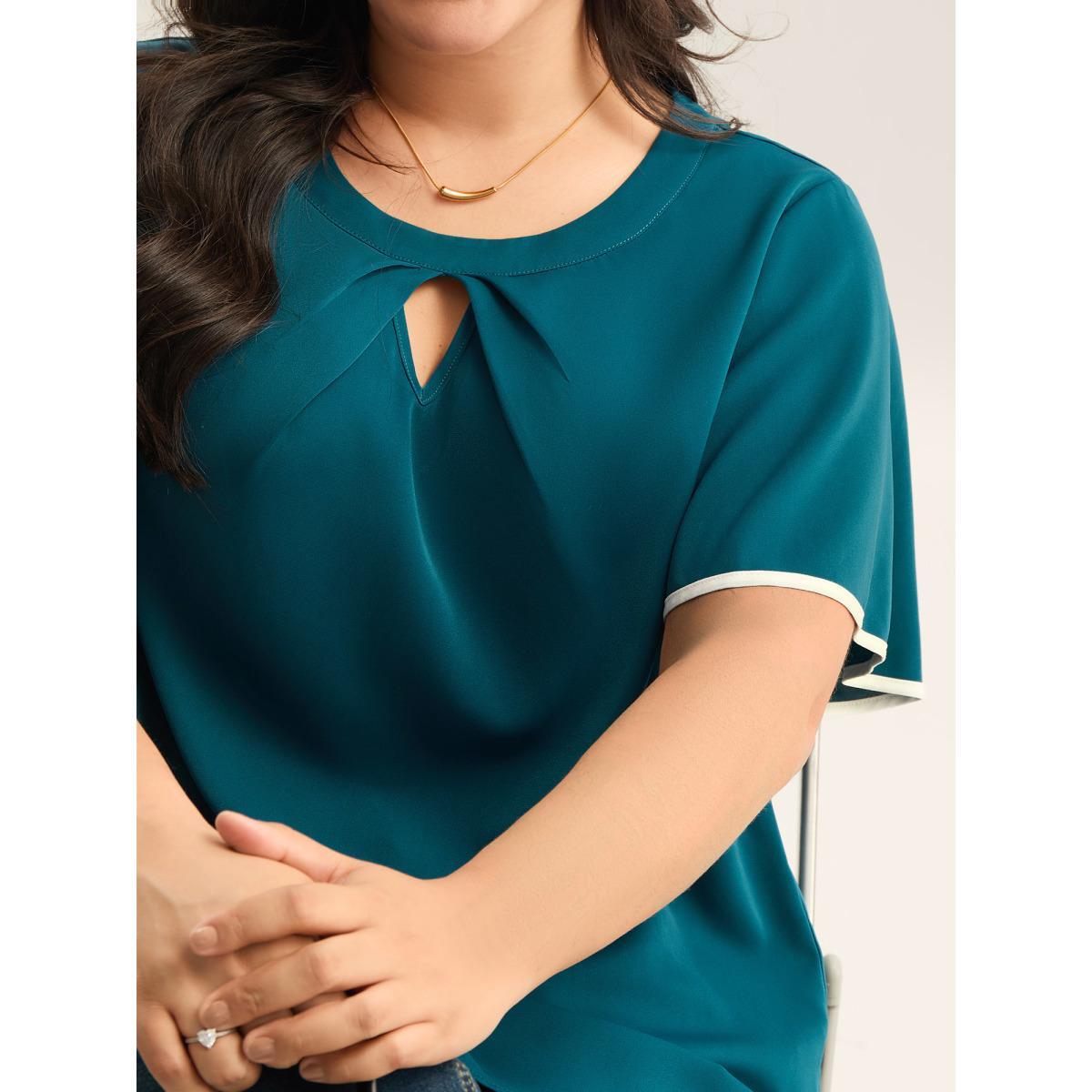 Plus Size Aegean Flared Sleeve Keyhole Solid Blouse Women Short sleeve Round Neck Work Blouses BloomChic 26/4X Product Image