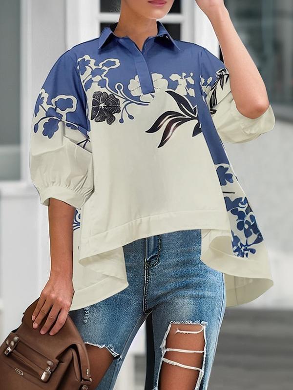 Half Sleeves High-Low Buttoned Flower Print Pleated Lapel Blouses&Shirts Tops Product Image