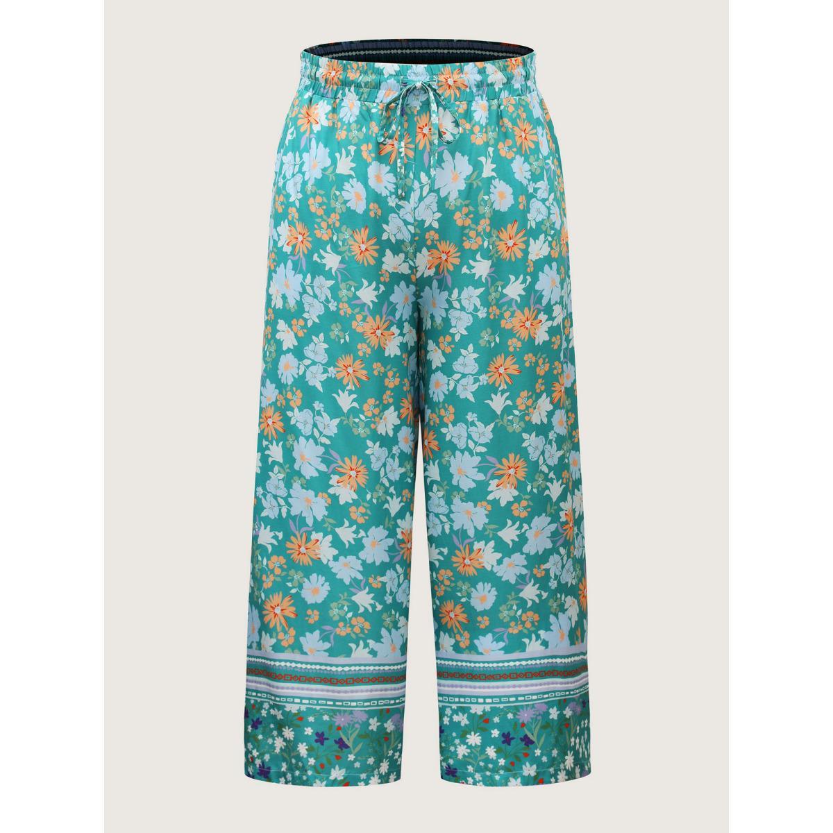 Plus Size Breezy Floral Print Wide-Leg Pants Women Turquoise Elegant Wide Leg Mid Rise Everyday-Elegant Pants BloomChic 30/6X Product Image