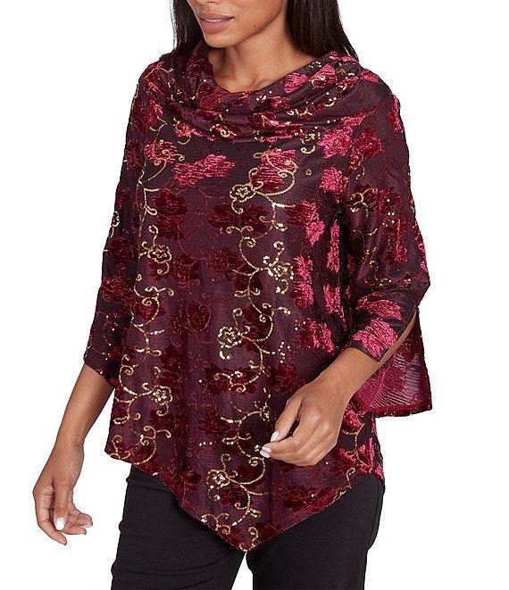 Ruby Rd. Knit Floral Velvet Cowl Neck 3/4 Split Sleeve Asymmetrical Hem Top Product Image