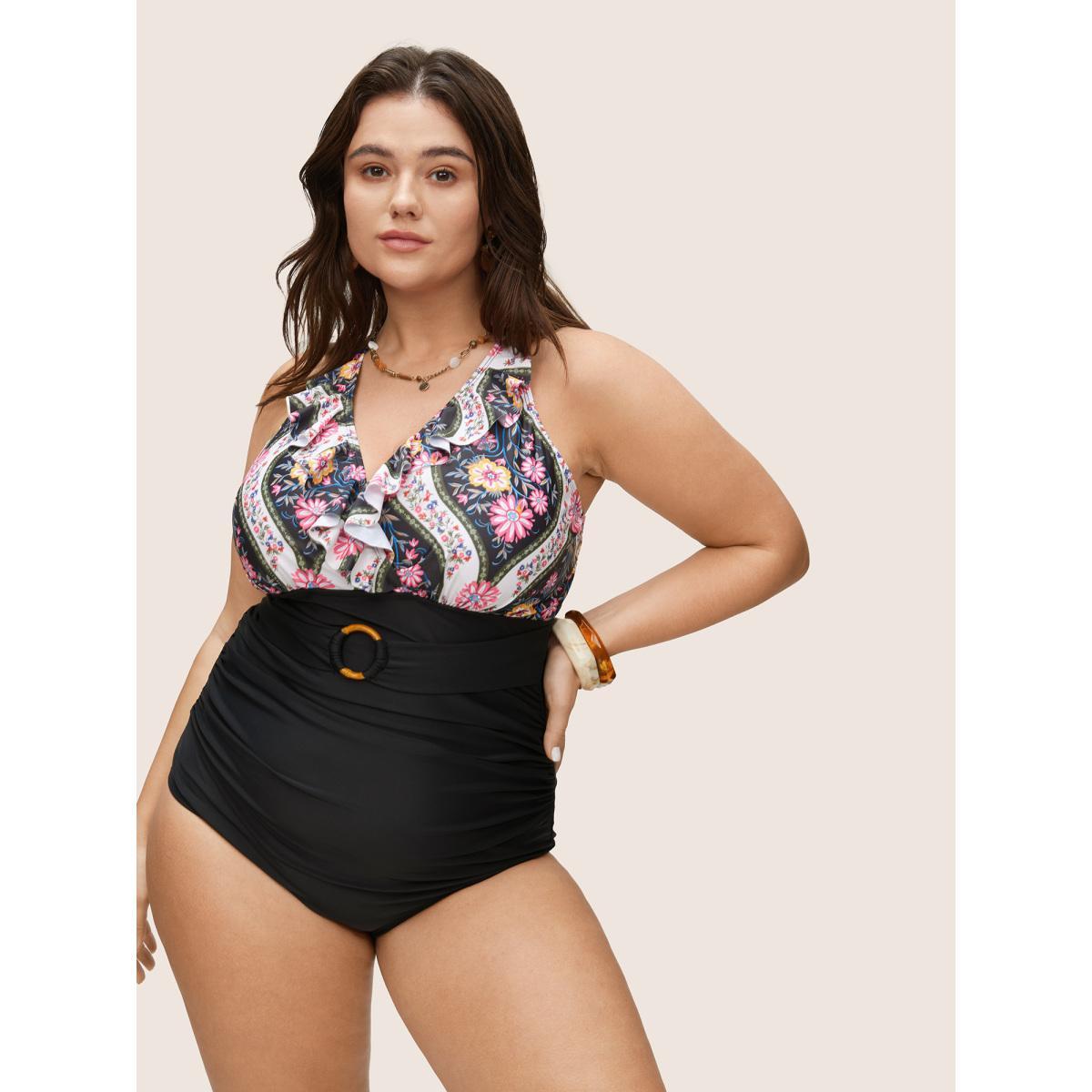 Plus Size Floral Flutters Buckle Detail One Piece Swimsuit Women's Swimwear Black Beach Non Curve Bathing Suits High stretch One Pieces BloomChic 18-20/2X Product Image