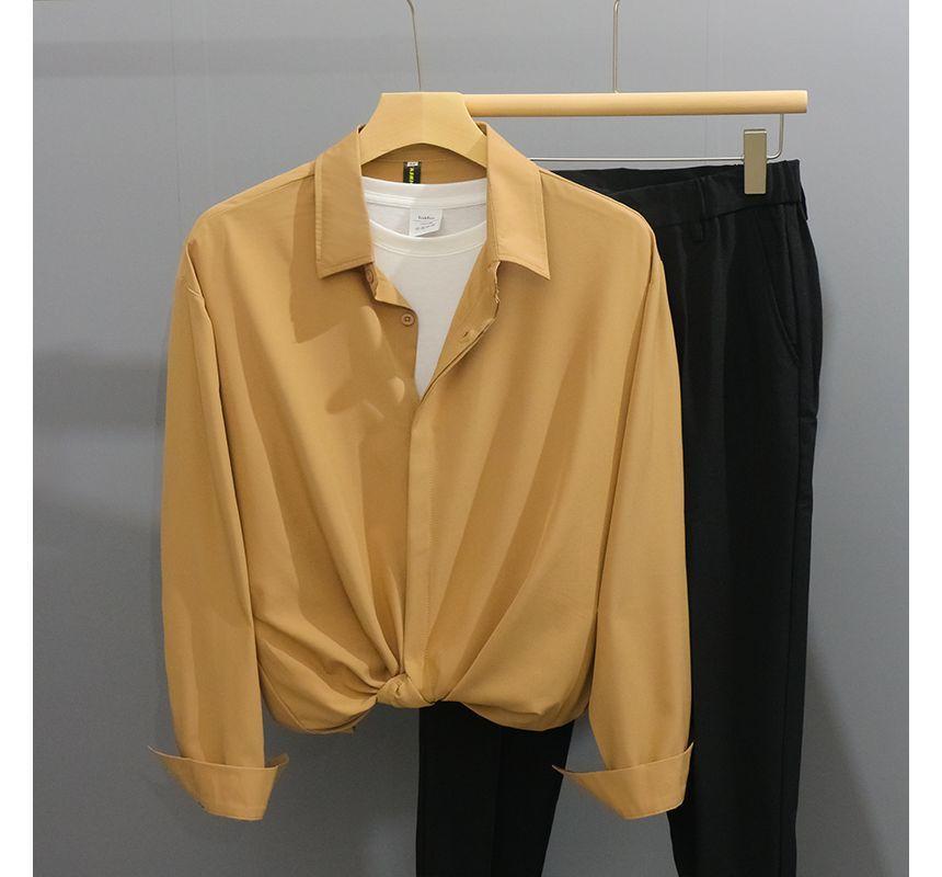 Long-Sleeve Plain Hidden-Button Shirt Product Image