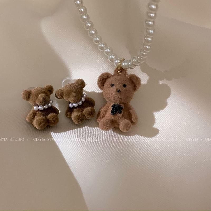 Bear Faux Pearl Stud Earring / Pendant Necklace / Set Product Image
