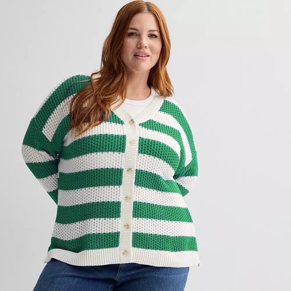Plus Size Sonoma Goods For Life® Striped Button-Front Cardigan, Women's, Size: 3XL, Bold Green Stripe Product Image