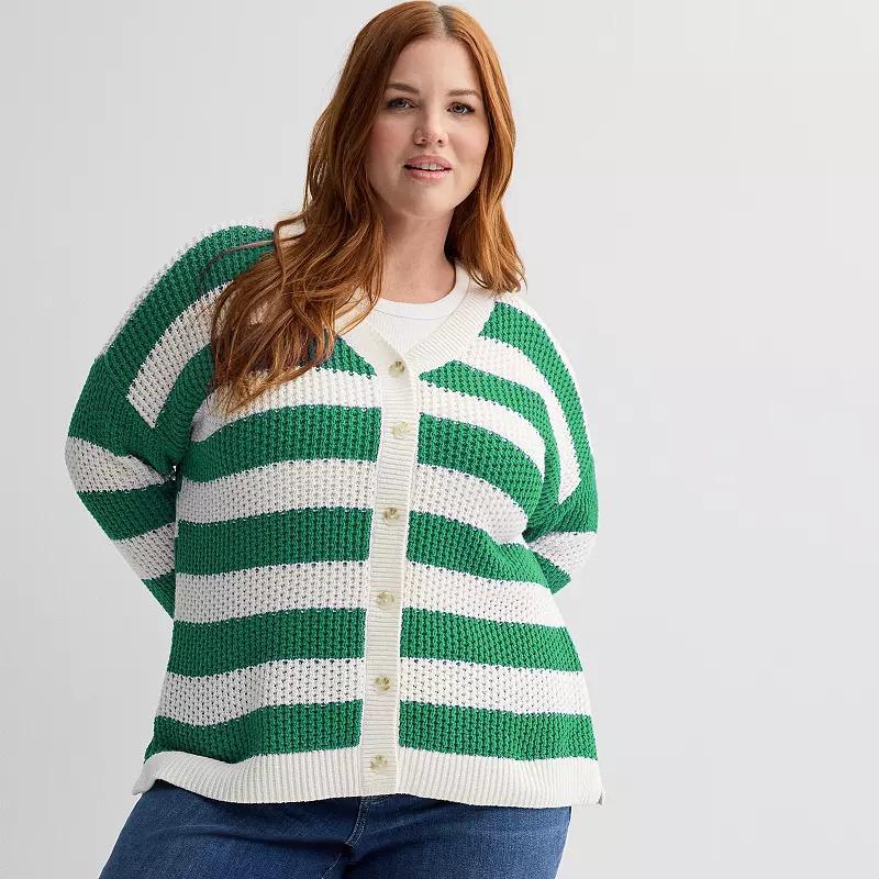 Plus Size Sonoma Goods For Life® Striped Button-Front Cardigan, Women's, Size: 3XL, Bold Green Stripe Product Image