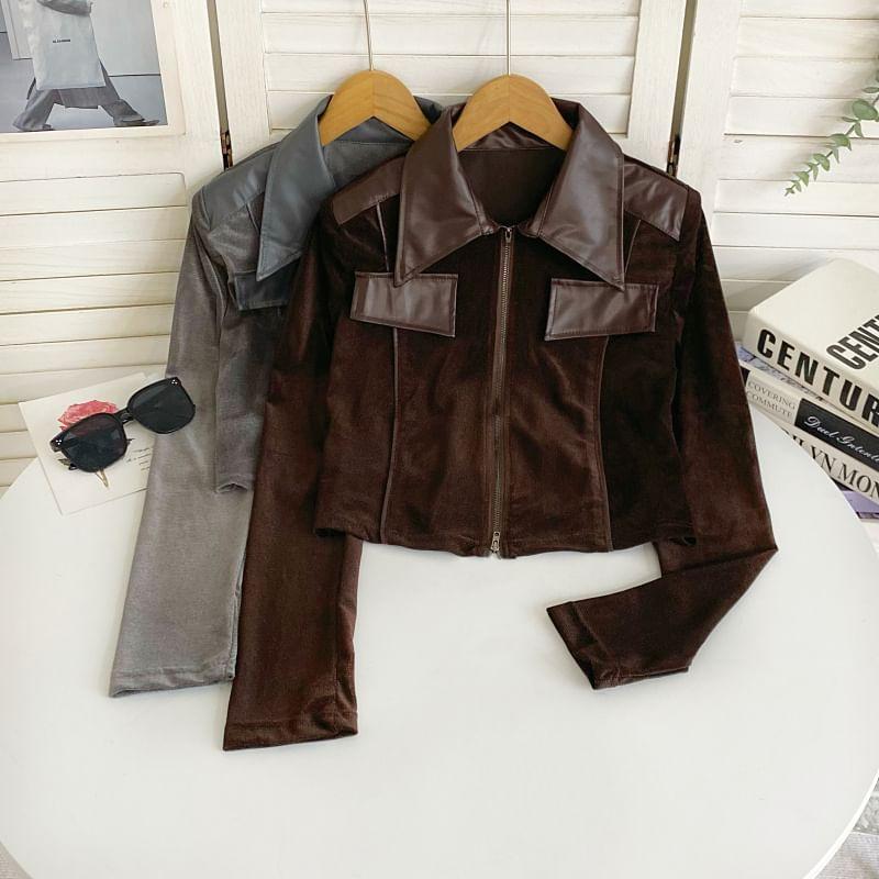 Collared Faux Leather Panel Zip-Up Velvet Crop Jacket Product Image