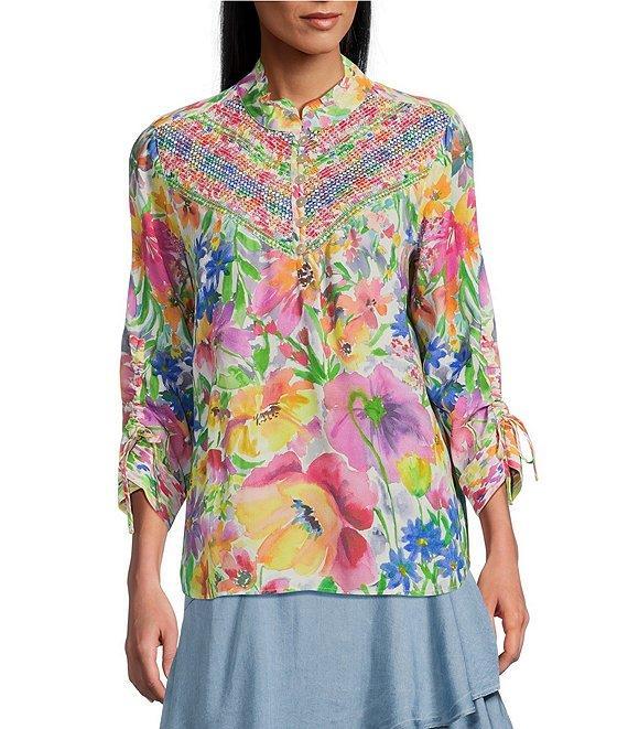 John Mark Watercolor Floral Print Ruffle Neck 3/4 Cinched Tie Sleeve Top Product Image