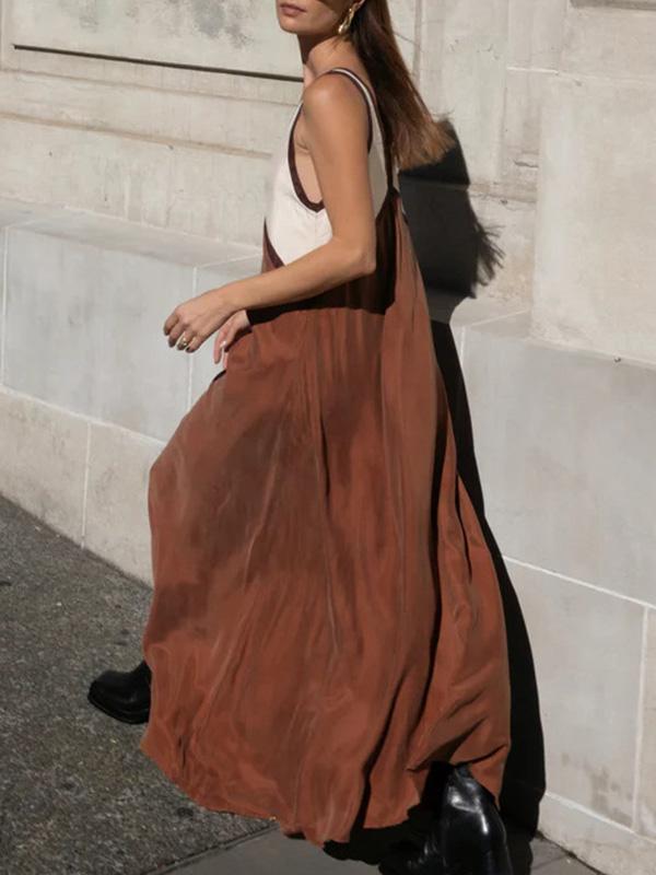 Loose Sleeveless Contrast Color Split-Joint Deep V-Neck Maxi Dresses Product Image