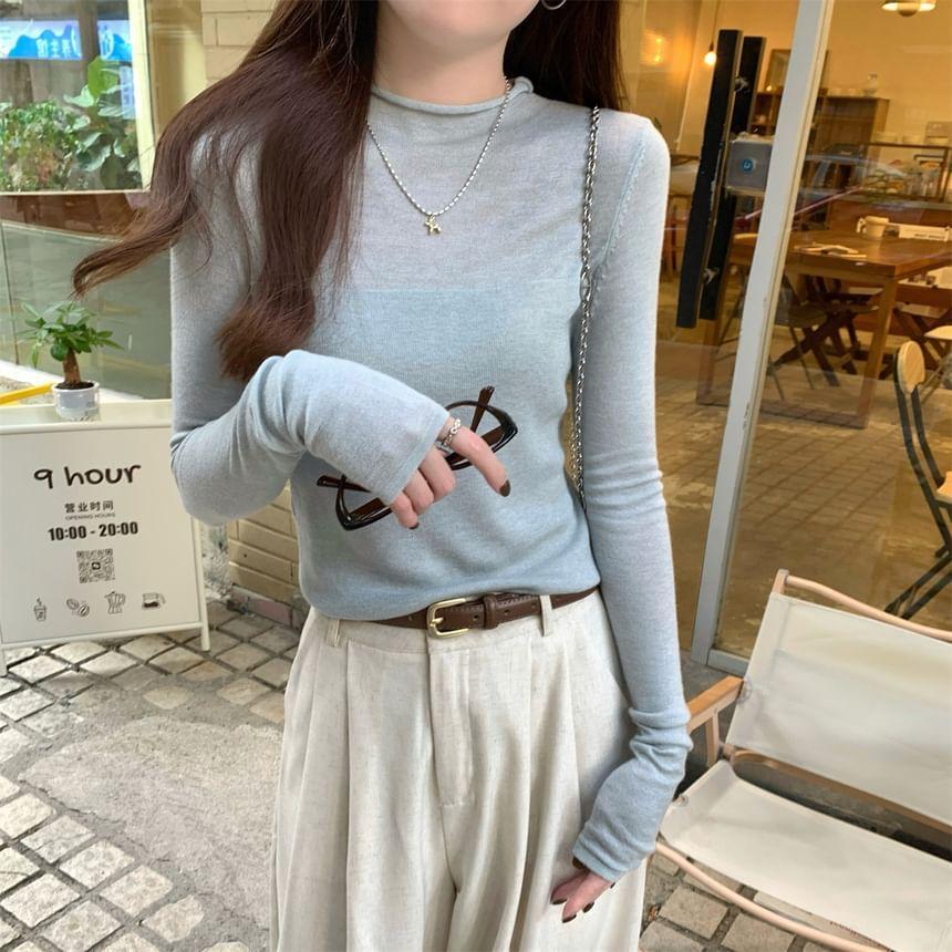 Long Sleeve Mock Neck Plain Knit Top Product Image