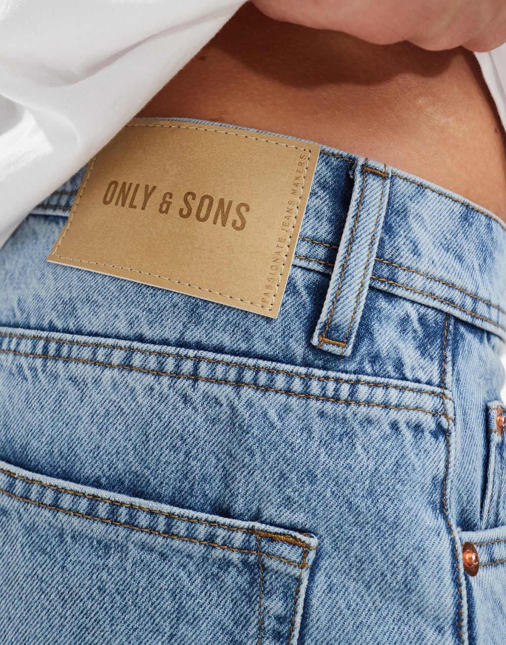 ONLY & SONS regular fit distressed denim shorts in light blue wash Product Image