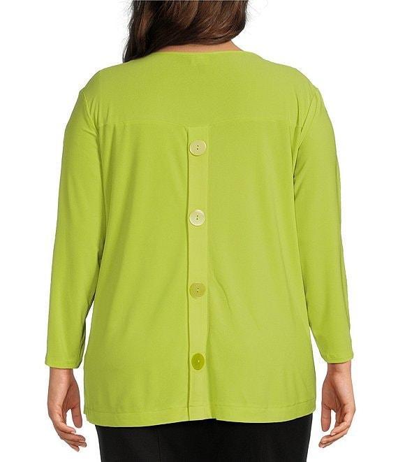 Slim Factor by Investments Plus Size Crew Neckline High-Low Hem Back Button Top Product Image
