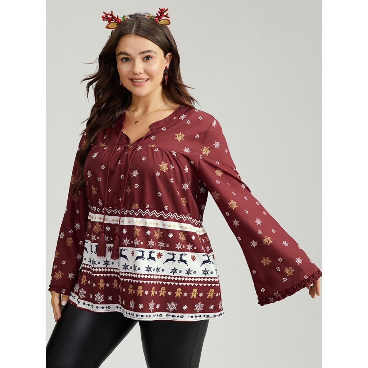 Plus Size Scarlet Christmas Print Tassels Ties Blouse Women Elegant Long Sleeve Tie Neck Festival-Christmas Blouses BloomChic 28/5X Product Image