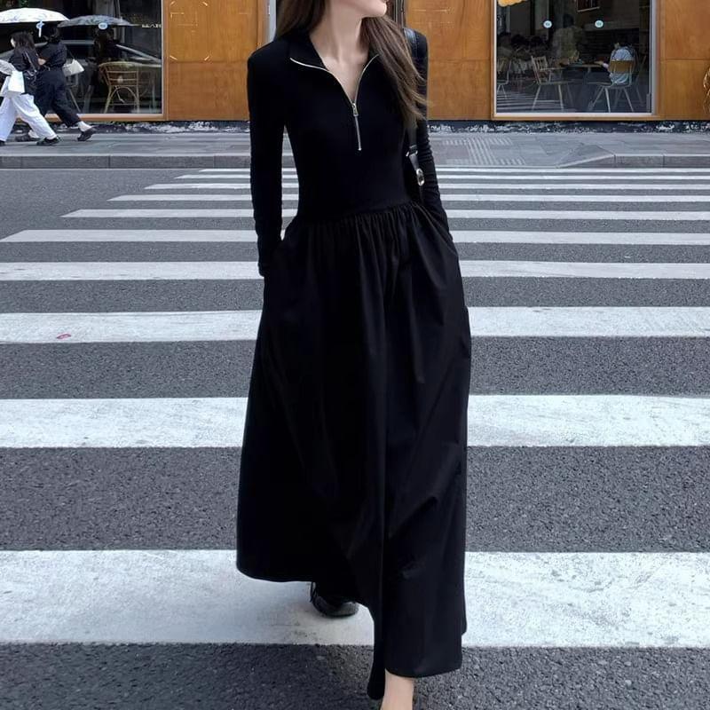 Long Sleeve Half-Zip Plain Slim-Fit Midi A-Line Dress Product Image