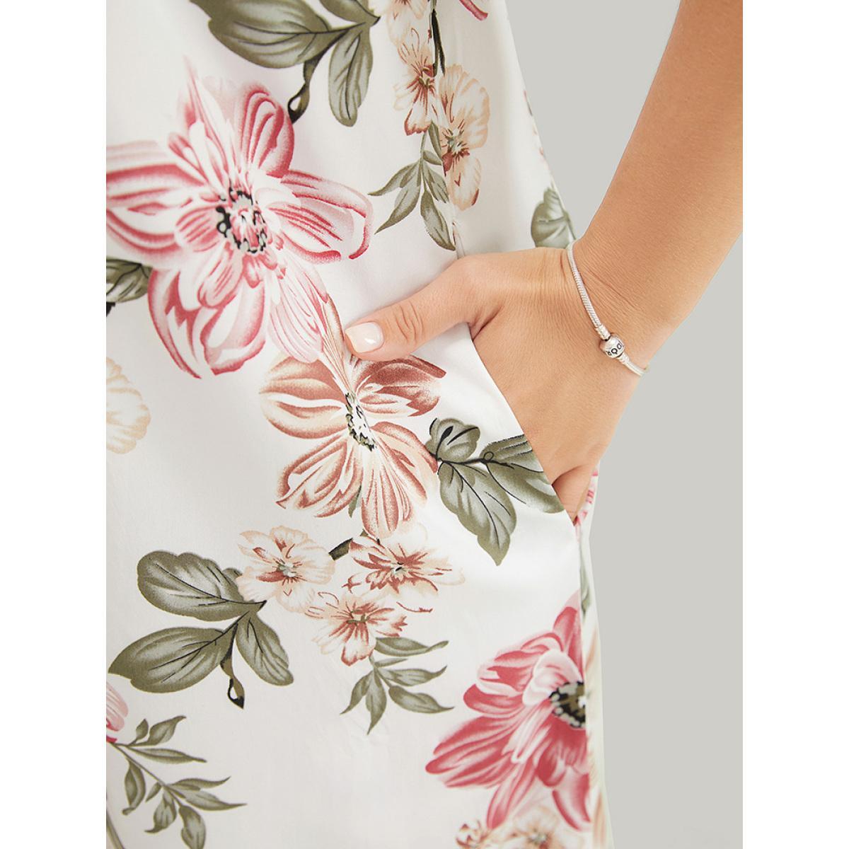 Plus Size Floral Pocket Keyhole Lace Cap Sleeve Flutter Dress Multicolor Women Elegant Printed Keyhole Cut-Out Cap Sleeve Curvy Knee Dress BloomChic 14-16/1X Product Image