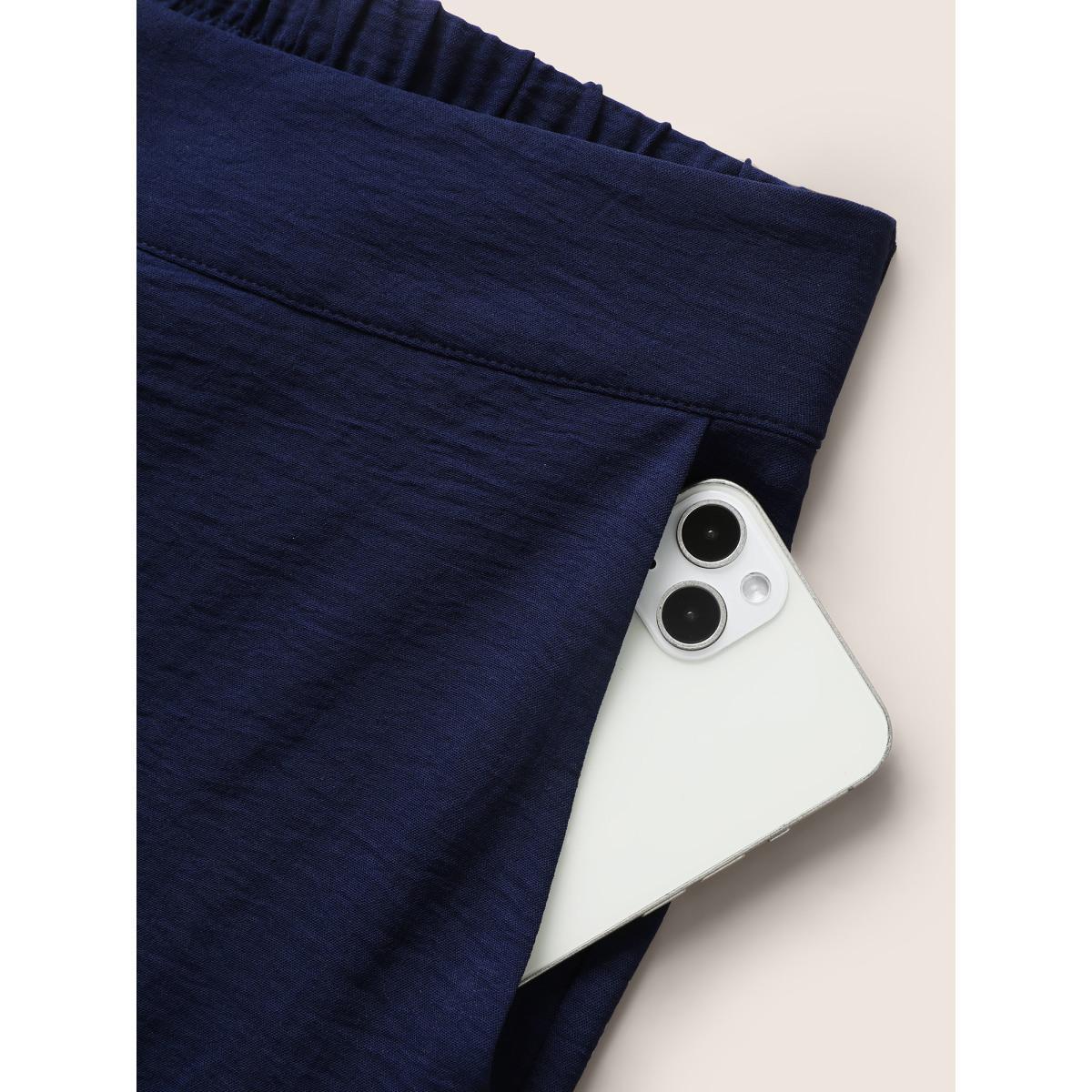 Plus Size Solid Button Up Gathered Wide Leg Pants Women Indigo Elegant Wide Leg Mid Rise Everyday Pants BloomChic 26/4X Product Image