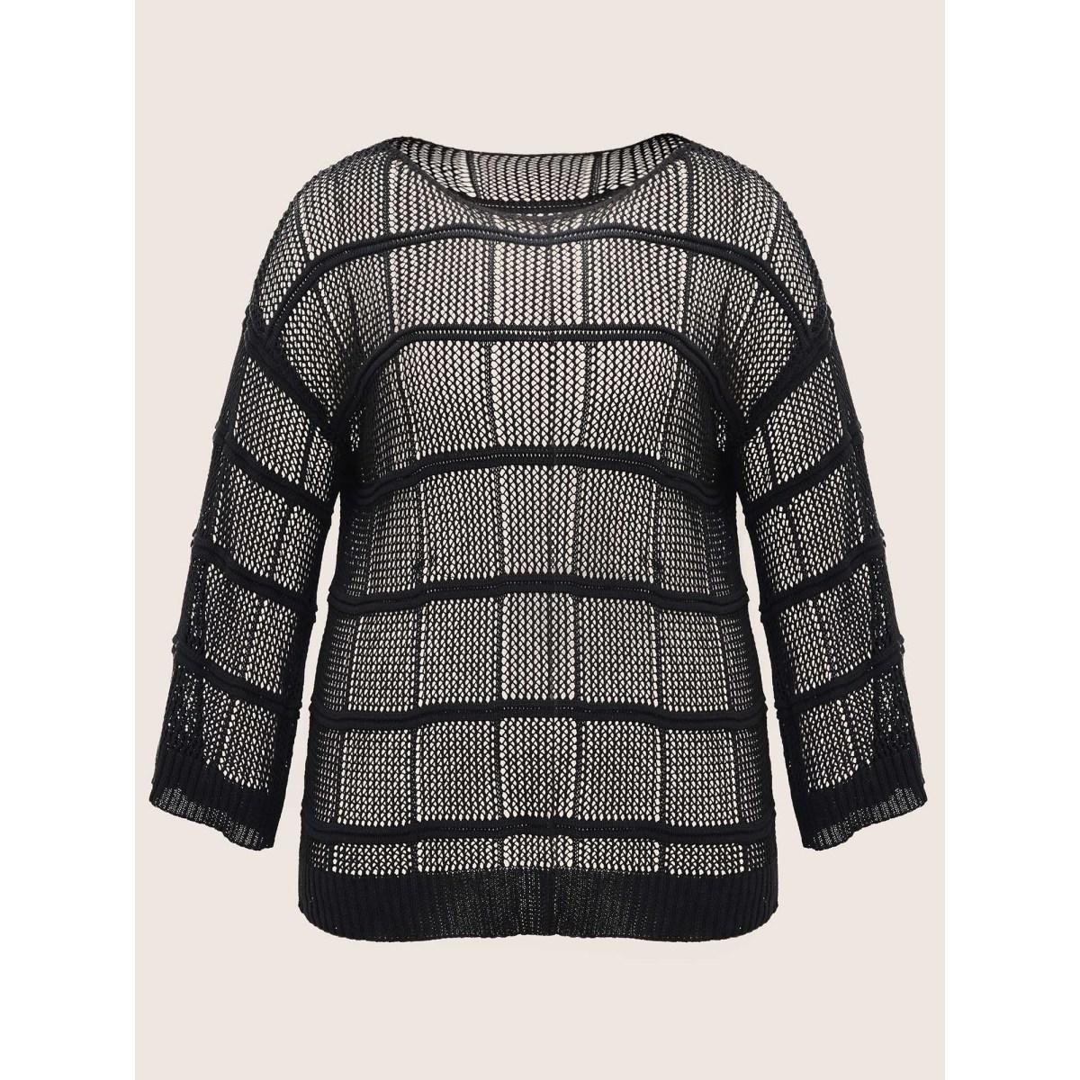 Plus Size Striped Hollow Out Bell Sleeve Pullover Black Women Casual Long Sleeve Round Neck Everyday Pullovers BloomChic 30/6X Product Image