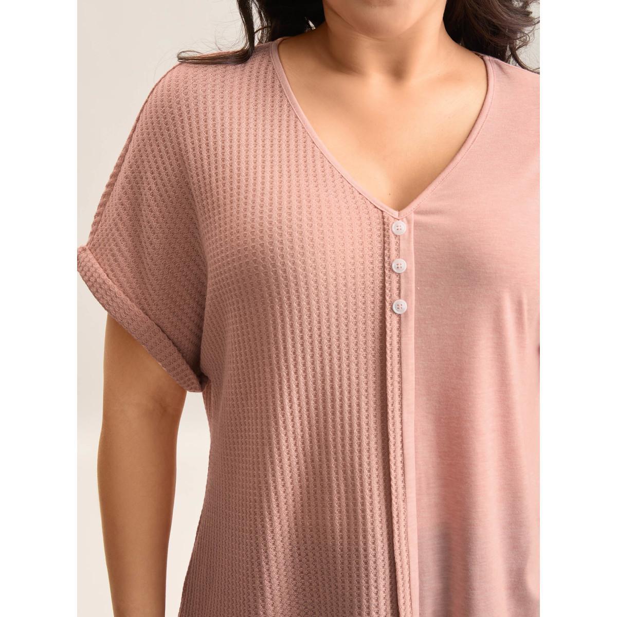 Plus Size Textured Button Detail Spliced T-Shirt Nudepink Women Texture V-neck Everyday-Casual T-shirts BloomChic 14-16/1X Product Image