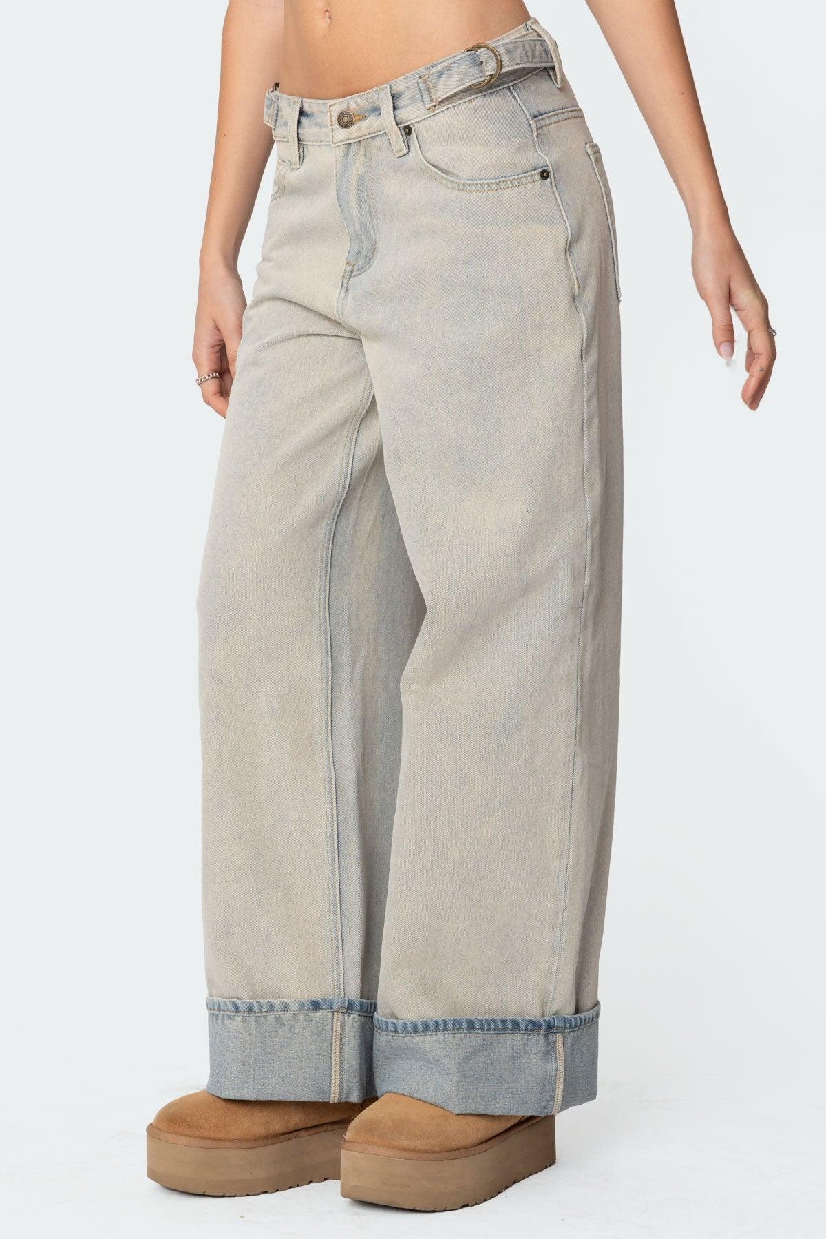 Double Belt Washed Low Rise Jeans Product Image