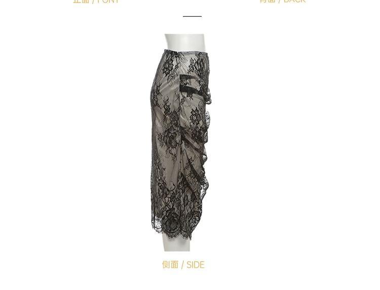 Floral Asymmetrical Lace Tube Top / High Waist Midi Pencil Skirt Product Image