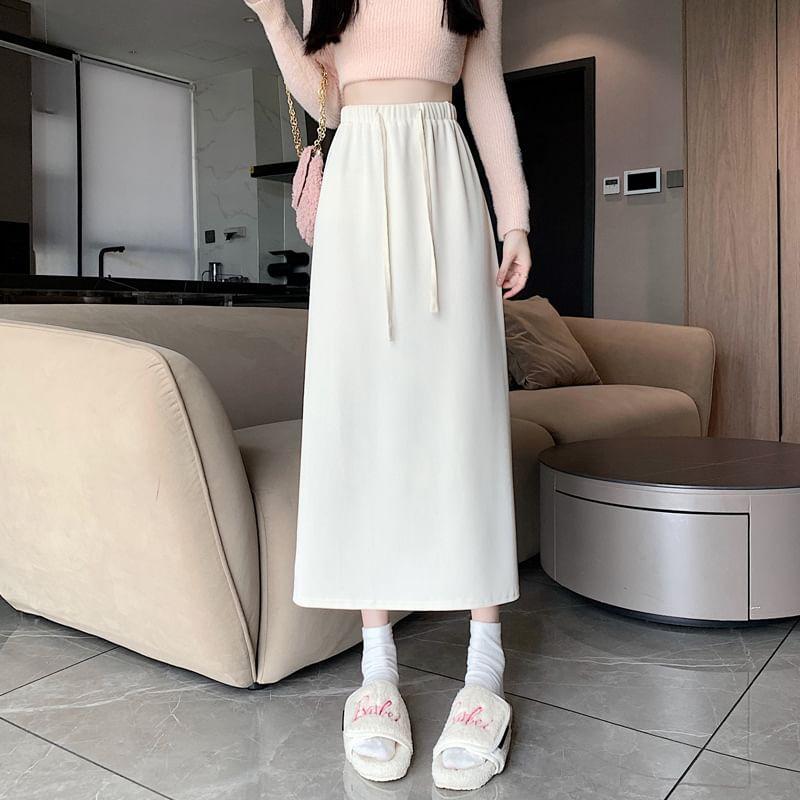 Drawstring Waist Plain Midi H-Line Skirt Product Image