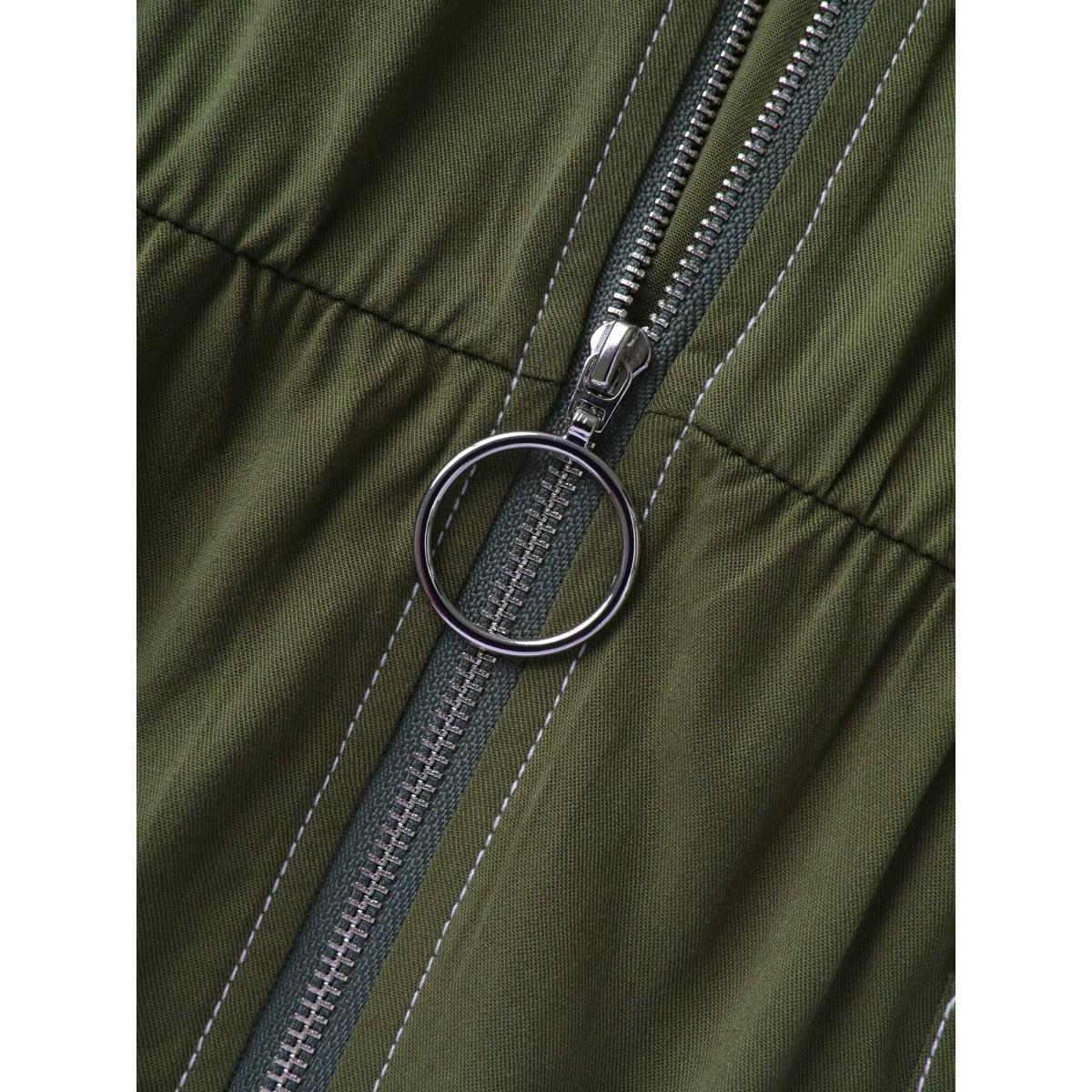 Plus Size Monochrome Zipper Front Pockets Midi Dress ArmyGreen Women V-neck Short sleeve Curvy BloomChic 22-24/3X Product Image